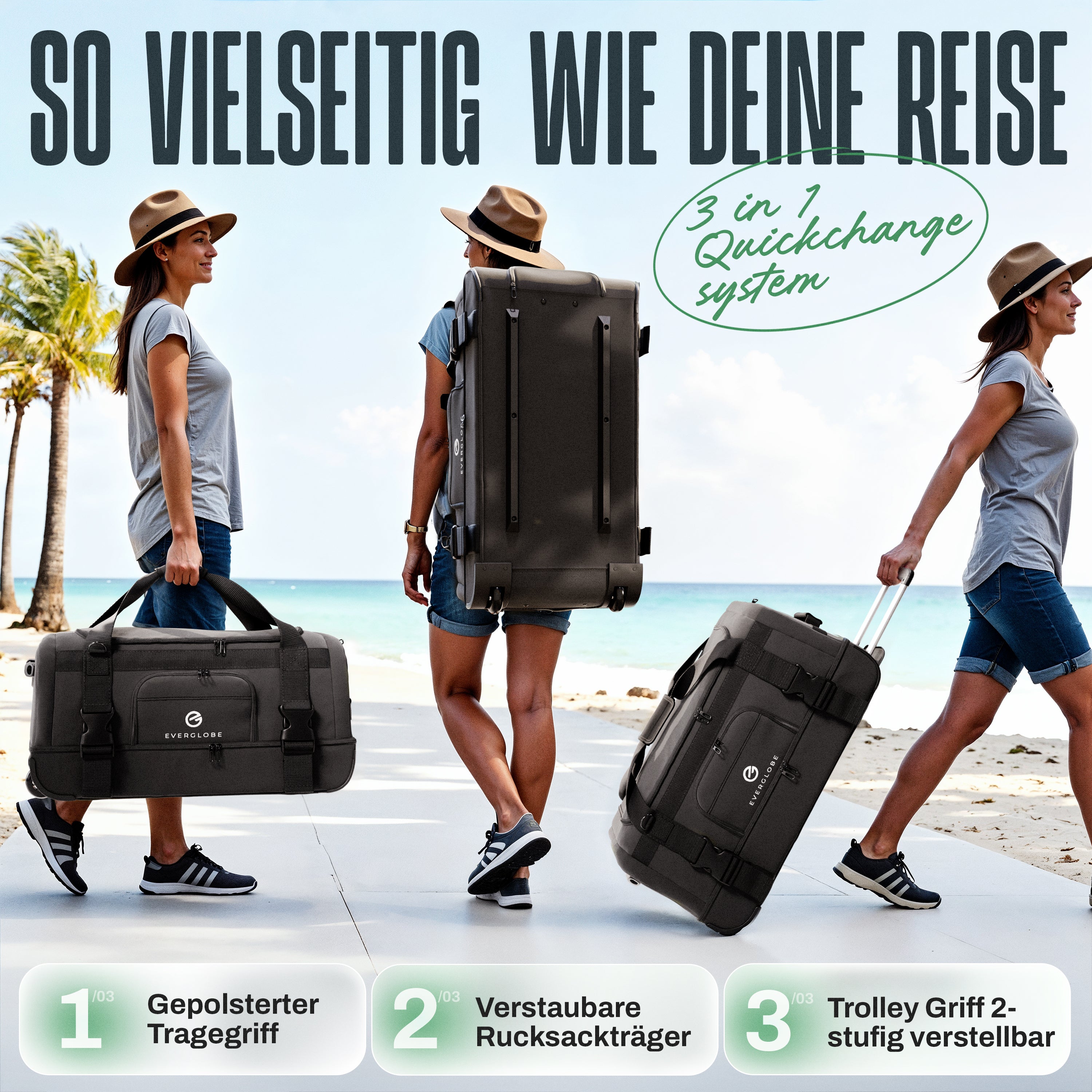 3in1 Reisetasche mit Rollen und Rucksackfunktion